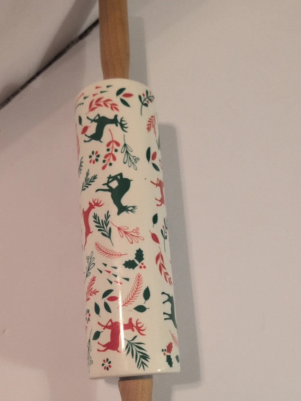 Festive Red & Green Ceramic Wooden Rolling Pin - Holiday Pattern 16 Inch